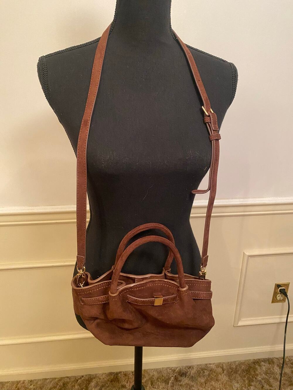Brown Suede Cross Body Satchel Handbag with Adjustable Strap